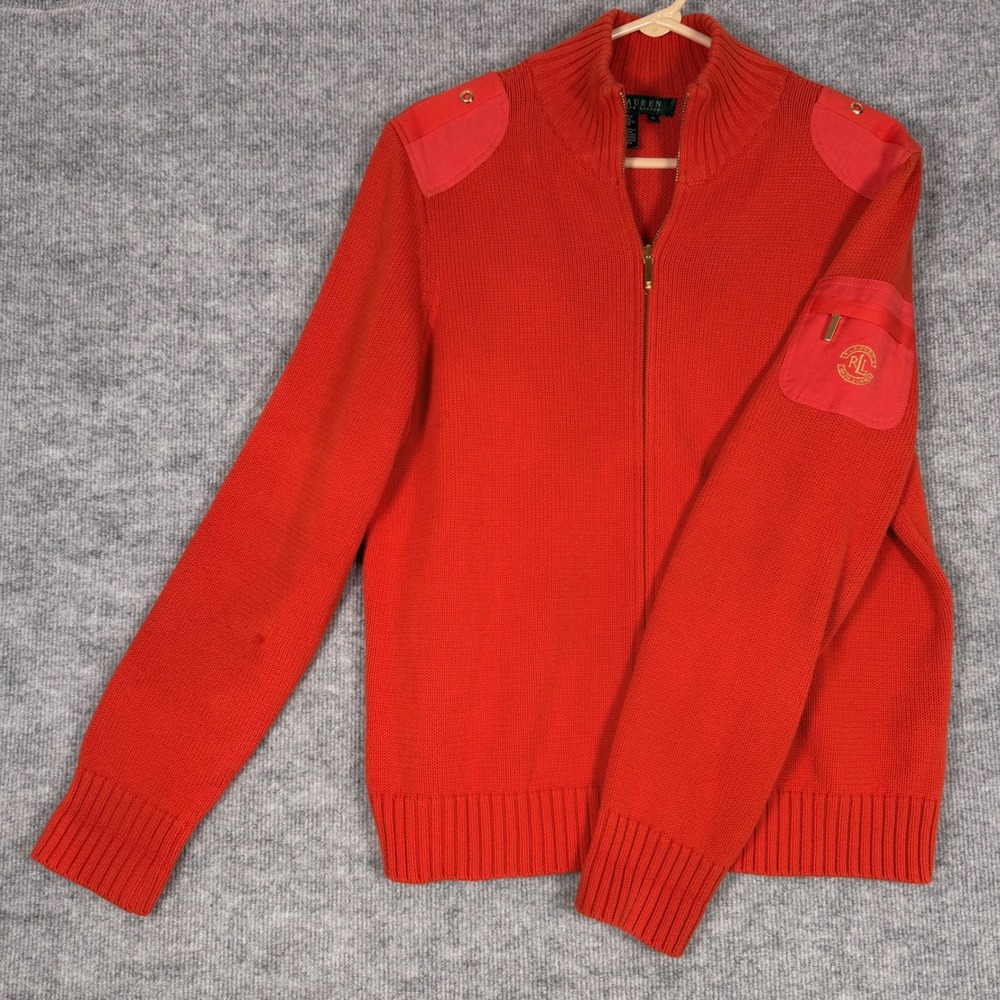 Lauren Ralph Lauren Size-XL Cardigan Sweater Orange Full Zip Cotton Crest Pocket